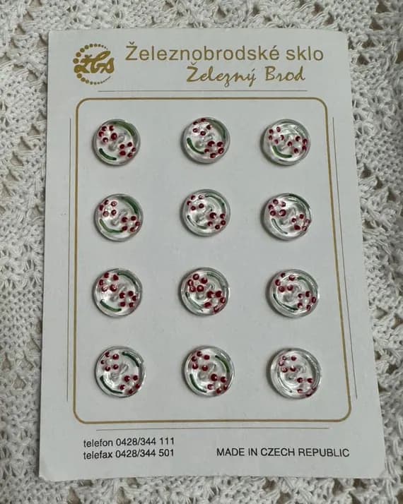 red none - Set of 12 Vintage Hand Painted Glass Red Flower Buttons on Original Card Czech 7/16"