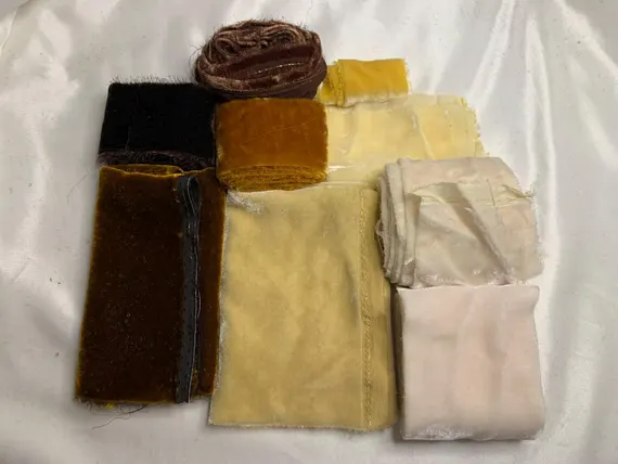 ivory none - Hand Dyed Silk Velvet Fabric & Ribbon Remnant Lot Scrap Bag #21 (9 Pieces) Yellow Gold Brown Ivory
