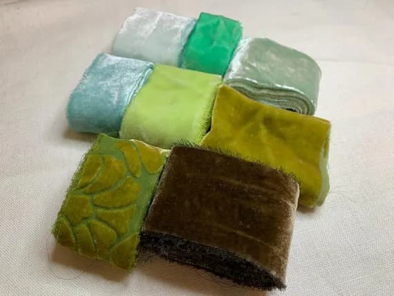 none - Hand Dyed Silk Velvet Fabric & Ribbon Remnant Lot Scrap Bag #5 Greens