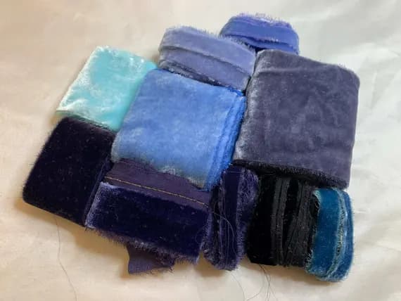 none - Hand Dyed Silk Velvet Fabric & Ribbon Remnant Lot Scrap Bag #63 Blues