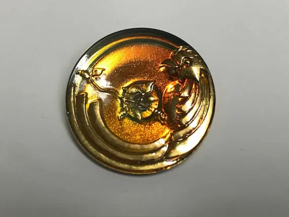 orange none - Vintage Glass Button - Mirror Back Iridescent Golden Orange Long Tail Bird 7/8"