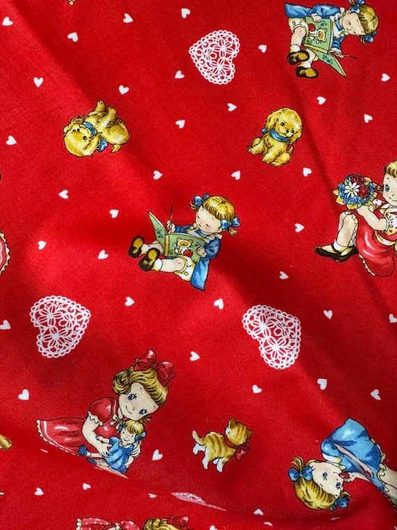red cotton fabric - Dear Little World: Margaret & Sophie - Retro Children on Red - Quilt Gate Cotton Shirting Fabric
