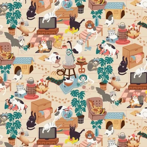 cotton fabric - Hats for Cats - Cats In the House - Paintbrush Studio Cotton Fabric