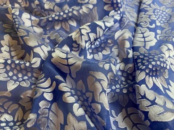 blue charmeuse fabric - 1/2 yard increments Burnout Devore Satin - Periwinkle Blue Sunflowers Floral Hand Dyed