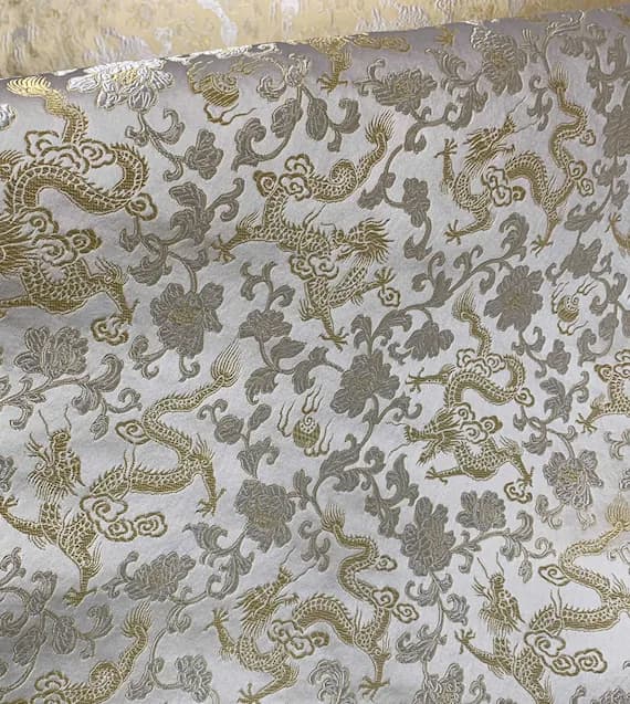 gold brocade fabric - White with Gold Dragons - Silk Brocade Fabric