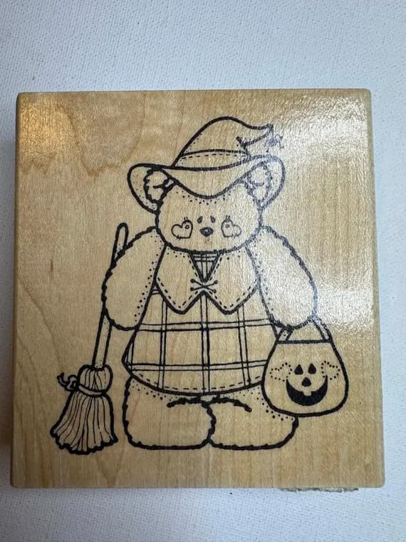 none - 3.5"x3.75" Halloween Witch Bear Wood Mounted Rubber Stamp (P0452) By Darcle's Country Folk