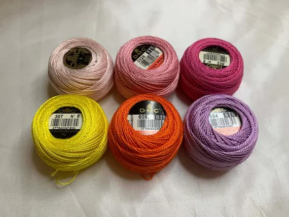 none - lot of 6 DMC 116 8 Perle Cotton Thread Balls; Size 8 new #121 Spring Colors