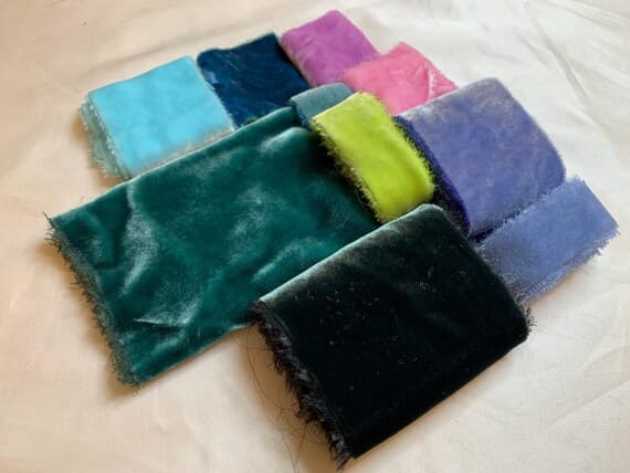 green none - Hand Dyed Silk Velvet Fabric & Ribbon Remnant Lot Scrap Bag #69 Green Blue Pink