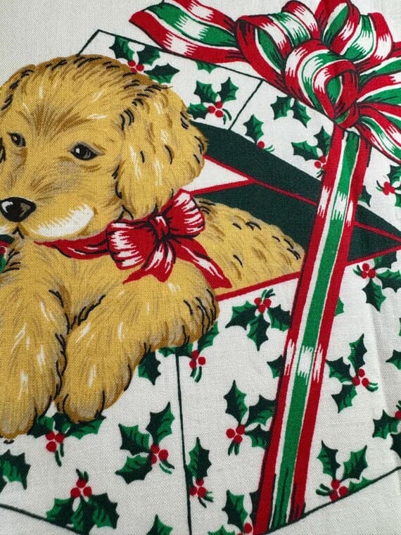 fabric - Vintage Puppy Christmas Gift Fabric Applique