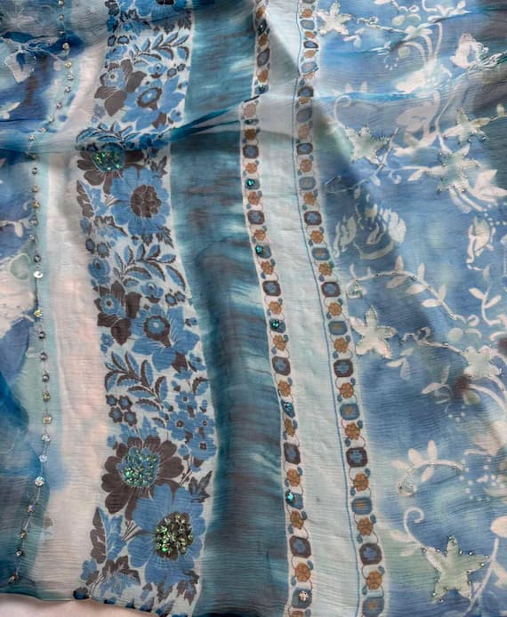 blue sequin - Beaded Blue Boho Floral Stripe - Crinkle Silk Chiffon Fabric