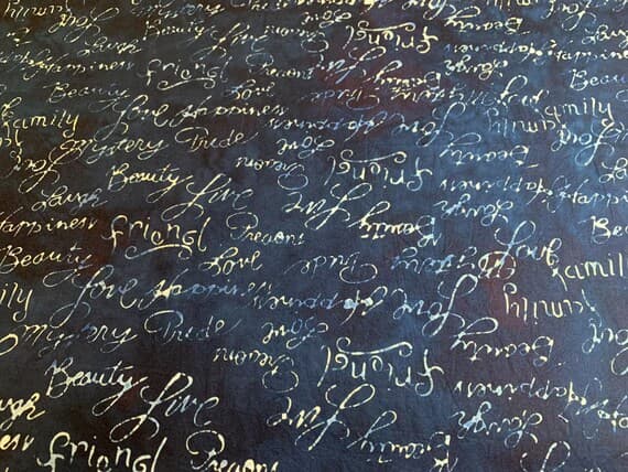 navy cotton fabric - 1/2 yard increments Navy with Cursive Typography Words Cotton Batik Fabric