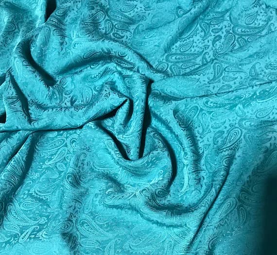 teal silk fabric - Hand Dyed Teal Blue PAISLEY - Silk Jacquard Fabric