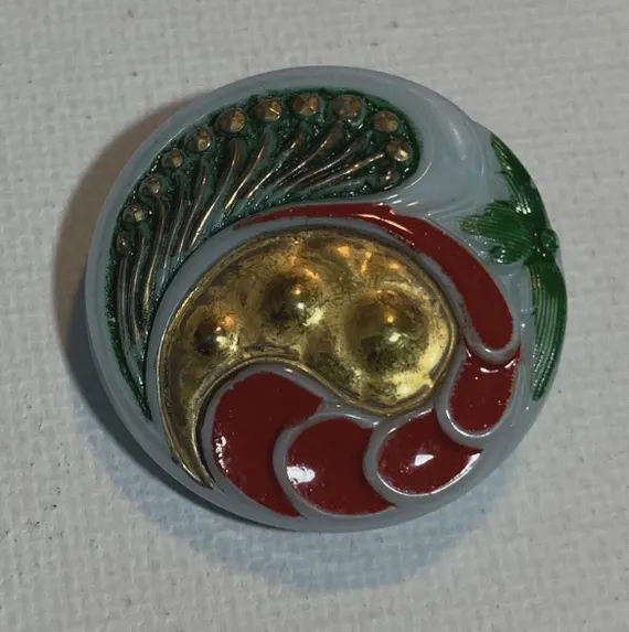 none - Hand Painted Multicolor Paisley Vintage Czech Glass Button 1-1/8" Green Red