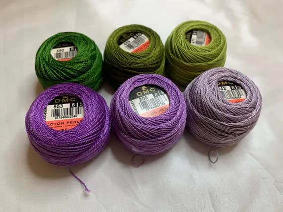 green none - lot of 6 DMC 116 8 Perle Cotton Thread Balls; Size 8 new #120 Pansy Purple Green
