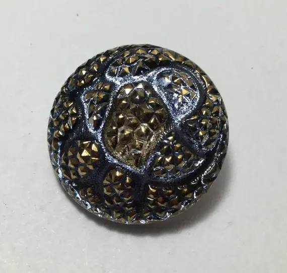 silver none - Vintage Glass Button - Mirror Back Steel Blue with Silver Luster Geometric 1-1/16"