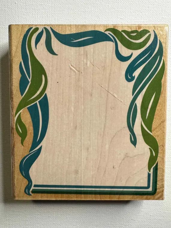 none - 4-1/4"x4-5/8" 1997 Twisting Leaf Frame Wood Mounted Rubber Stamp. Item# Z793G By: Rubber Stamped