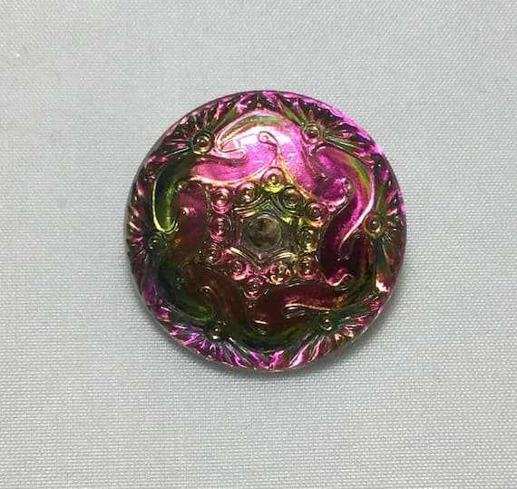 green none - Vintage Glass Button - Mirror Back Iridescent Pink & Green Pinwheel Swirl 1-1/16"