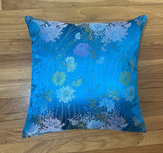 turquoise velvet fabric - Silky Brocade Pillow Cover - Turquoise Daisy Floral- Handmade
