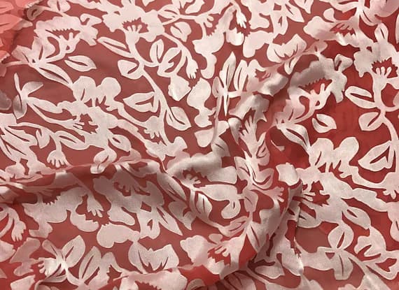 red charmeuse fabric - 1/4 yard increments Burnout Devore Satin - Strawberry Red Dyed Floral Fabric