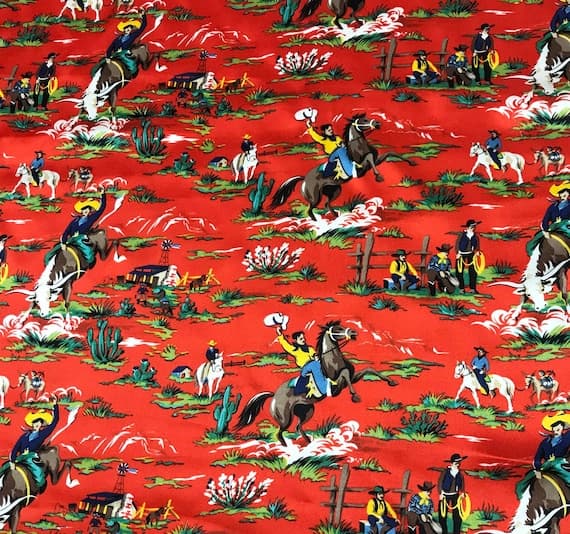 red charmeuse fabric - Red Western Ranch Cowboys - Silk Charmeuse
