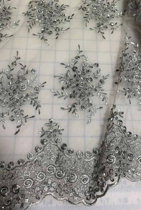 silver lace - Silver Floral Beaded Embroidered Tulle Lace Fabric