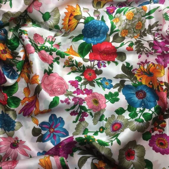 white charmeuse fabric - Flower Garden on White - Silk Charmeuse