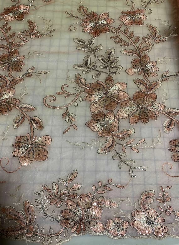 gold lace - Rose Gold Floral Sequin Embroidered Tulle Lace Fabric