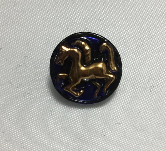 navy none - Vintage Glass Button - Mirror Back Iridescent Navy with Horse 9/16"