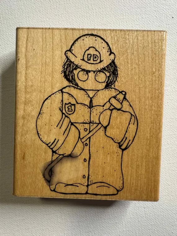 none - 3"x3.5" Fire Fighter Fun Wood Mounted Rubber Stamp. Item# Q210 By: D.O.T.S