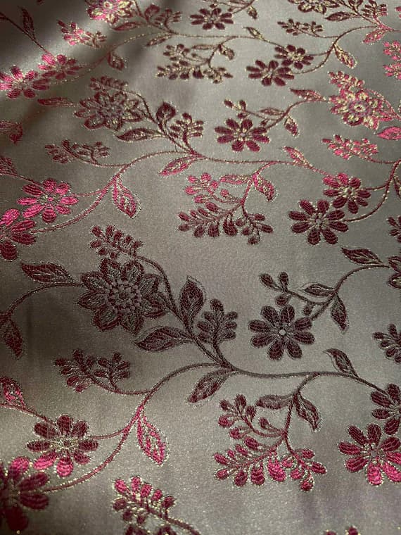 champagne brocade fabric - Champagne; Pink & Gold Flowers on Stems - Faux Silk Brocade Jacquard Fabric