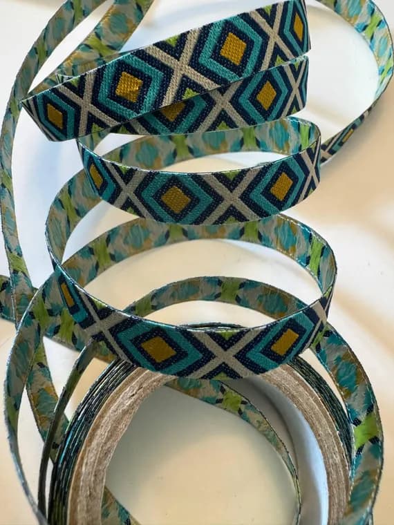 gold none - Vintage Blue & Gold Diamonds Geometric Jacquard Ribbon 7/16" wide x 2-2/3 Yards-