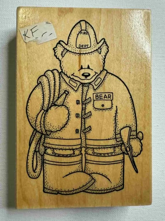 none - 3.5"x5" 1997 Bear Fire Fighter Wood Mounted Rubber stamp. Item# 41965 By: Darcie's