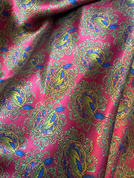 red charmeuse fabric - 17" increments Red with Birds - Vintage Silk Charmeuse Fabric