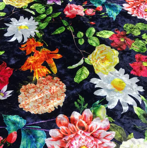 navy velvet fabric - Navy Multi Floral - Stretch Polyester Velvet Fabric