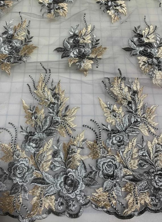 gold lace - 18"x54" Remnant - Gold & Silver Roses Floral Embroidered Tulle Lace Fabric