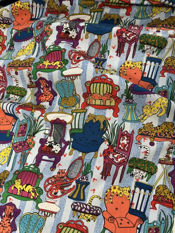 cotton fabric - 1.5 yards Nine Lives and Old Wives by Elinor Peace Bailey Cotton Fabric 1990s Vintage