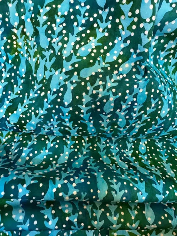 green cotton fabric - Bluish Green Vines Dots Glass Glow - Batik by Mirah Cotton Fabric