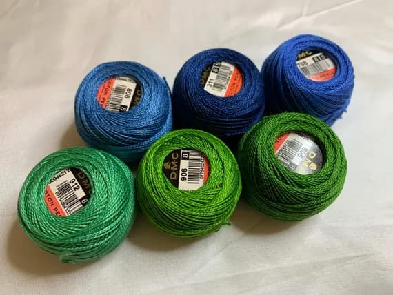 green none - lot of 6 DMC 116 8 Perle Cotton Thread Balls; Size 8 brand new green & blue #33