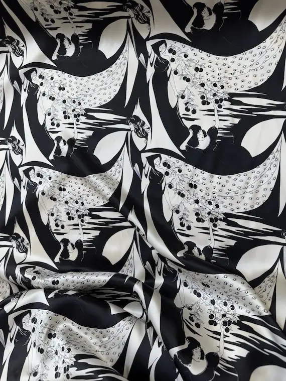 black charmeuse fabric - Art Deco Ladies Black & White Print - 100% Silk Charmeuse Fabric