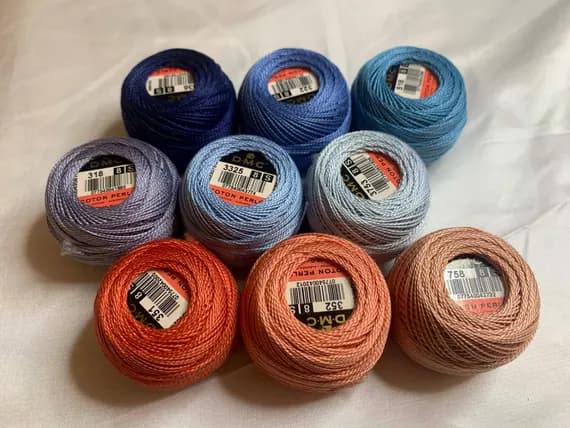 peach none - lot of 9 DMC 116 8 Perle Cotton Thread Balls; Size 8 brand new #50 peach & blue