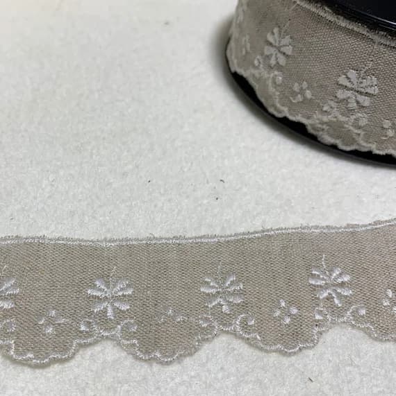 none - 1-1/4" Wide Daisy Floral Embroidered Linen Scalloped Edge Ribbon Trim Made in France