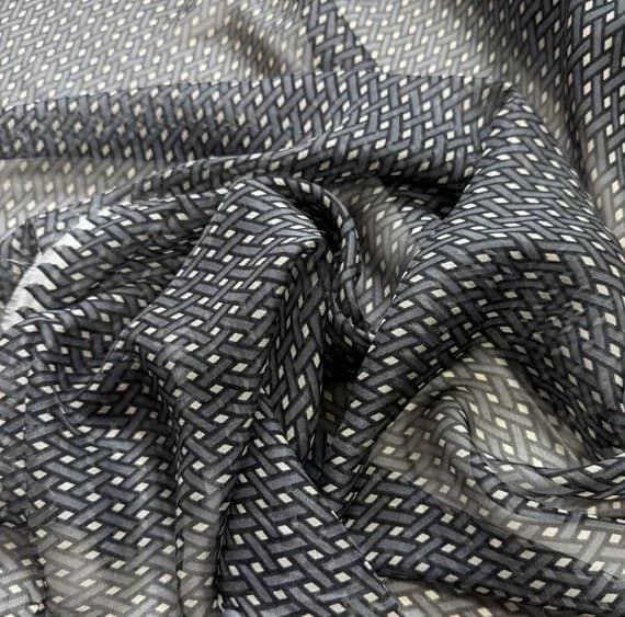 gray chiffon fabric - Gray & Black Geometric - Silk Chiffon Fabric