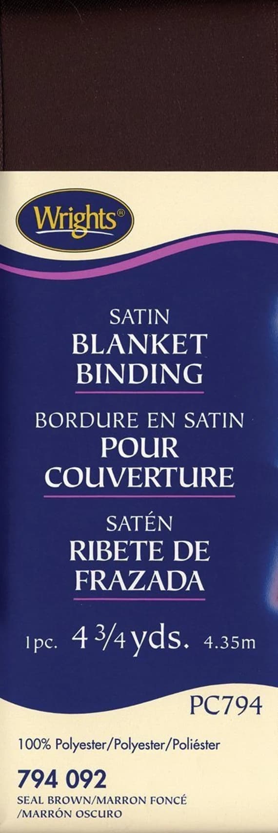 brown satin fabric - Seal Brown Wrights Single Fold Satin Blanket Binding; 2" by 4-3/4-Yard