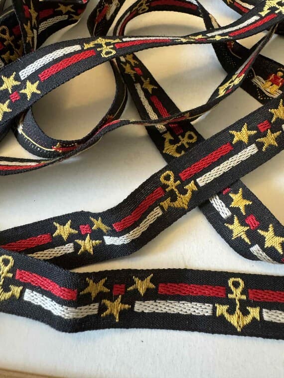 none - Vintage Stars & Anchors Jacquard Ribbon 5/8" wide -3-2/3 Yards in 2 pieces-