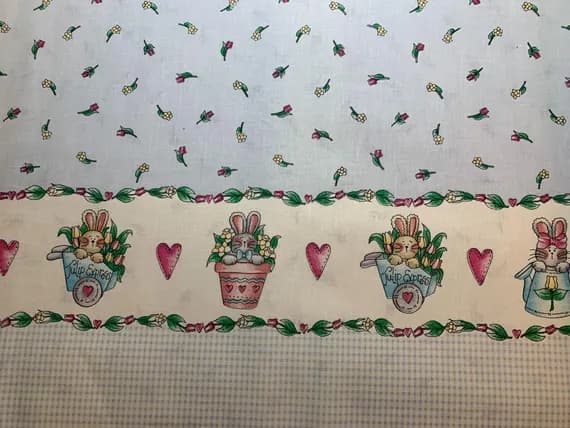cotton fabric - Bunnies & Tulips Border Print Cotton Fabric Vintage 90's OOP Marcus Brothers