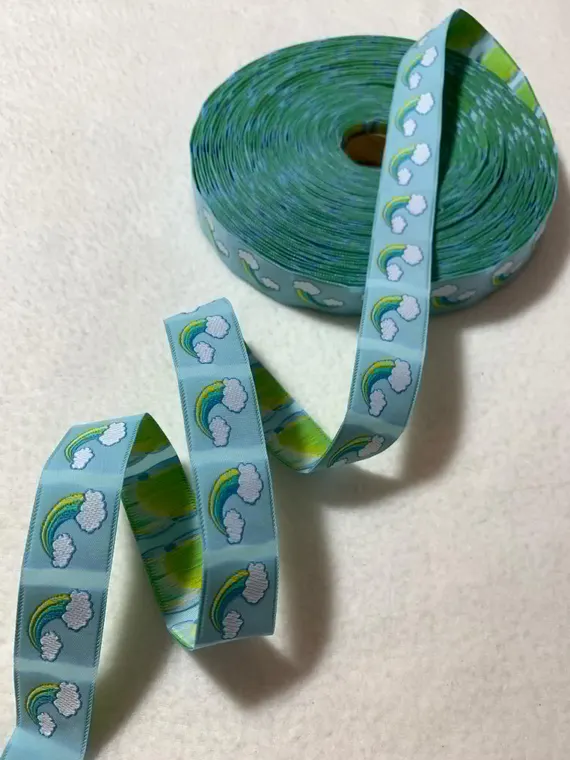 none - Vintage Jacquard Ribbon - Blue with Rainbow 7/8" wide