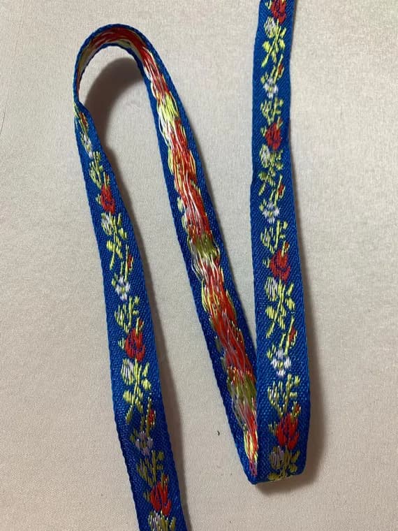 red none - Vintage Red Flowers on Blue - Jacquard Ribbon 7/16" wide -2 Yards-