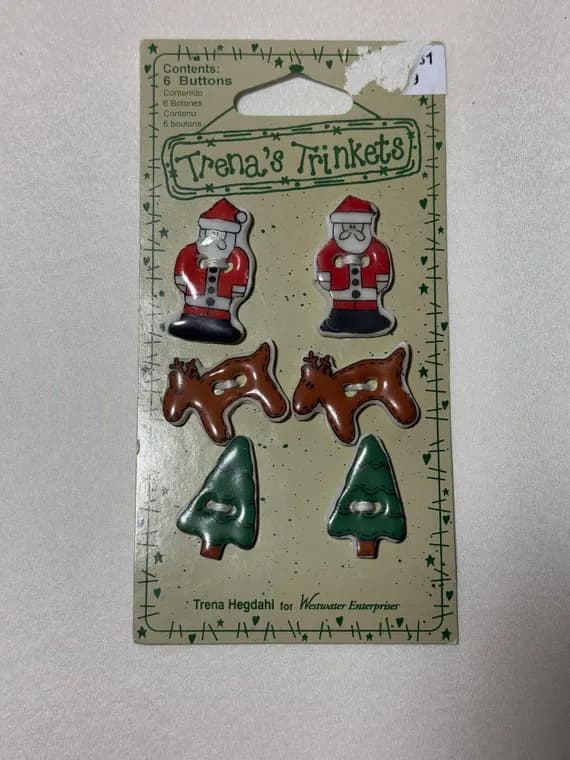 none - Christmas Tree; Santa; Reindeer - Vintage Trena's Trinkets Ceramic Buttons Card
