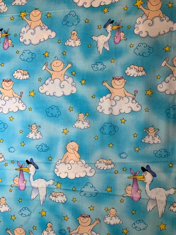 cotton fabric - New Baby & Storks on Clouds Cotton Fabric Vintage 90's OOP by Patrick Lose