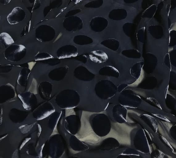 blue velvet fabric - DENIM BLUE Polka Dots Burnout Hand Dyed Silk Velvet Fabric